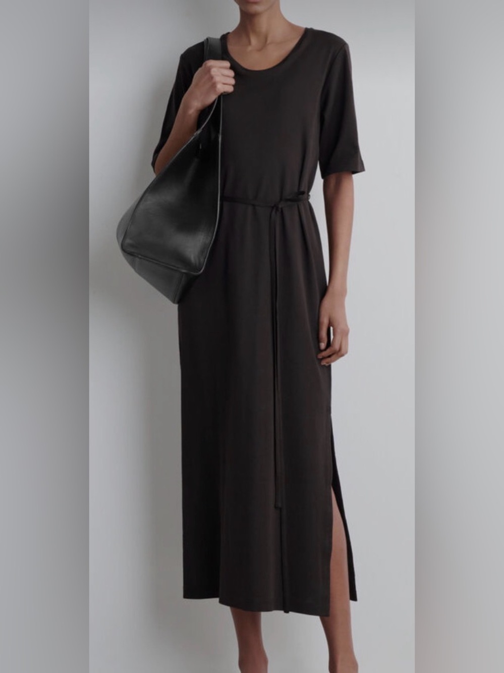 COS Dark Brown Belted Midi T-Shirt Dress